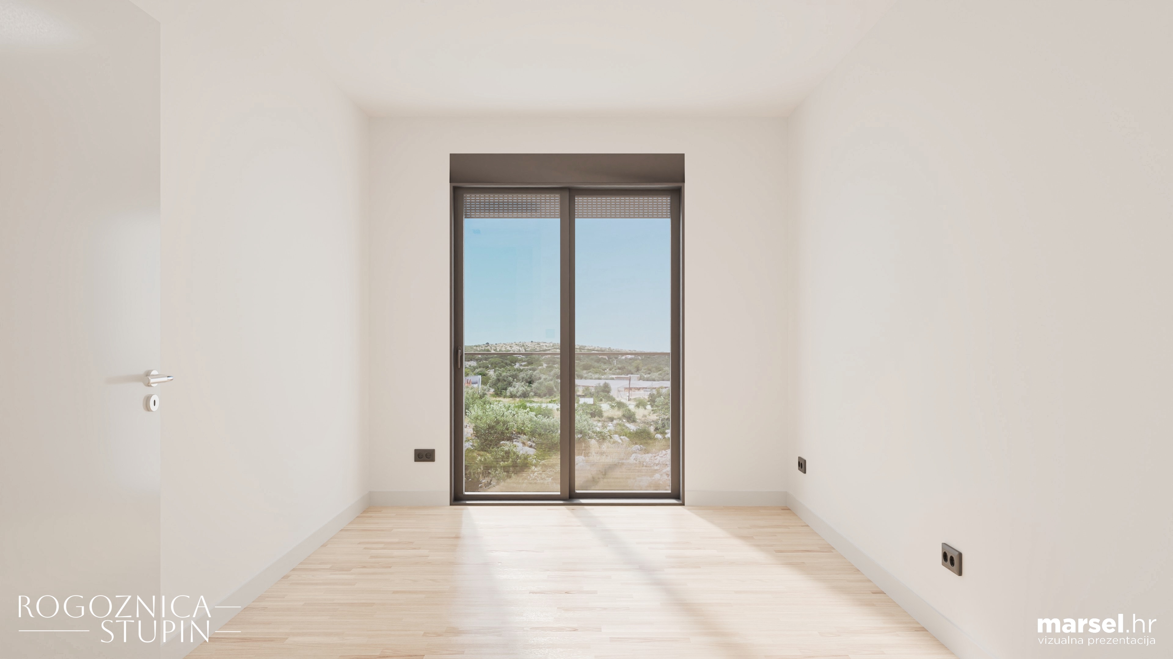 Vizualizacija interijera apartmana u novogradnji Rogoznica Stupin. Prostrani i svijetli unutarnji prostori s pogledom na more, idealni za stanovanje ili investiranje u apartman na dalmatinskoj obali.